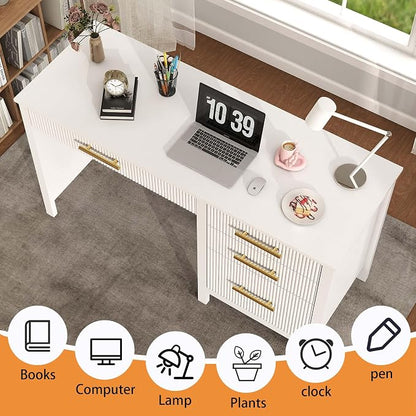 White Executive Desk with Drawers: 54" Wood Computer Desk with File Drawer, Modern Home Office Desks with Storage, Fluted Writing Desks for Working, Studying (White, 54")