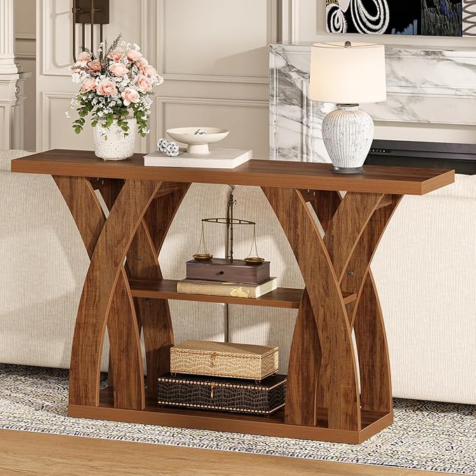 55 inch Farmhouse Entryway Table, Console Table with 3-Tier Storage, Rustic Striped Brown X-Shaped Narrow Entry Table for Behind Couch, Living Room, Hallway, Foyer
