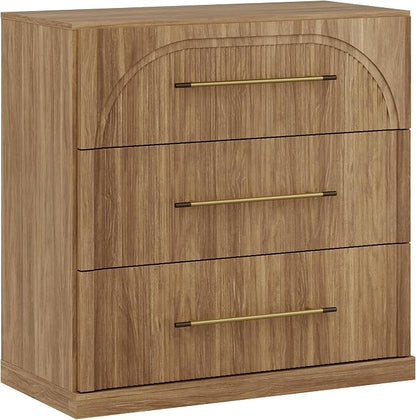 BELLEZE 32.5" Kitchen Storage Cabinet with 3 Drawers,Freestanding Accent Cabinet with Fluted Arched Design & Gold Handles,Modern Credenza for Living Room,Dining Room,Entryway - Camel