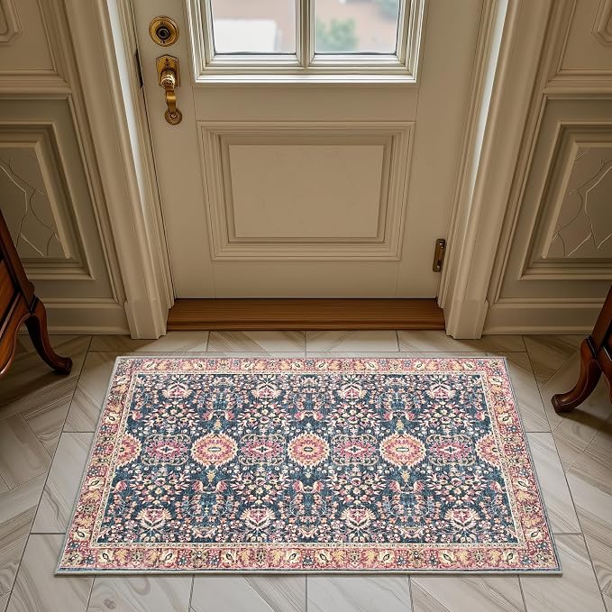 Goideal Washable Rug 2x3, Vintage Area Rugs Non Slip, Indoor Low Pile Carpet with Rubber Backing for Kitchen Bathroom Entryway Office Bedroom,Deep Navy & Terracotta