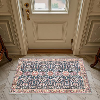 Goideal Washable Rug 2x3, Vintage Area Rugs Non Slip, Indoor Low Pile Carpet with Rubber Backing for Kitchen Bathroom Entryway Office Bedroom,Deep Navy & Terracotta