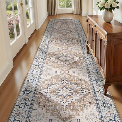 Lofus 2'6"x12' Runner Rug for Hallways, Washable Kitchen Rugs, Non-Slip Rugs for Entryway and Bedroom, Vintage Boho Carpet, Soft Low Pile Long Runner Area Rug, Floral Brown