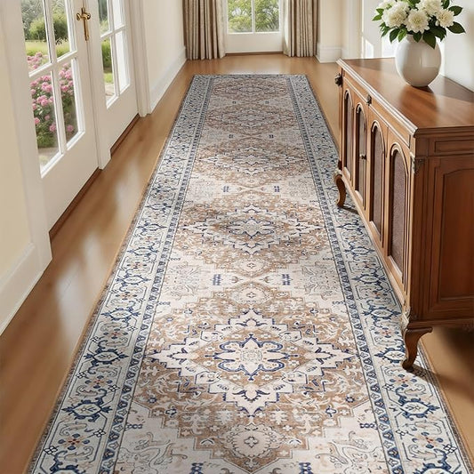 Lofus 2'6"x14' Runner Rug for Hallways, Washable Kitchen Rugs, Non-Slip Rugs for Entryway and Bedroom, Vintage Boho Carpet, Soft Low Pile Long Runner Area Rug, Floral Brown