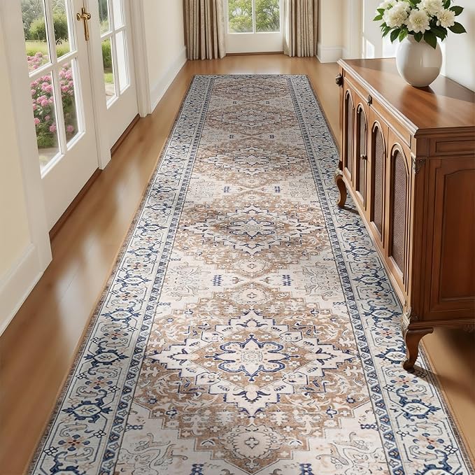 Lofus 2'6"x10' Runner Rug for Hallways, Washable Kitchen Rugs, Non-Slip Rugs for Entryway and Bedroom, Vintage Boho Carpet, Soft Low Pile Long Runner Area Rug, Floral Brown