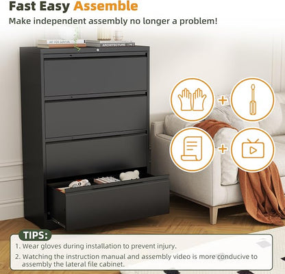Lateral File Cabinet, 4 Drawer Lateral File Cabinet with Lock, Metal Lateral Filing Cabinet for Home Office, Office Organization Cabinet for Letter/Legal/F4/A4 Size