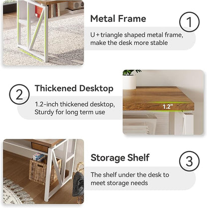 LITTLE TREE 63-Inch Executive Office Desk, Large Computer Desk with Storage Shelf, Executive Desk with Metal Frame, Thickened Desktop, Study Writing Desk Work Station for Home Office, Rustic + White