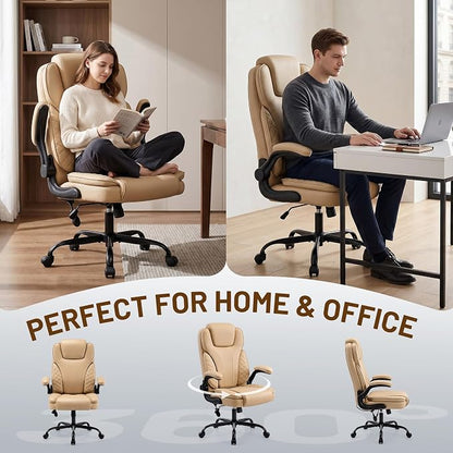 Ergonomic Office Chair, PU Leather High Back Executive Chair with Adjustable Inflatable Lumbar Support and Padded Flip-Up Arms, Recline Swivel Task Computer Chair for Home Office, Khaki
