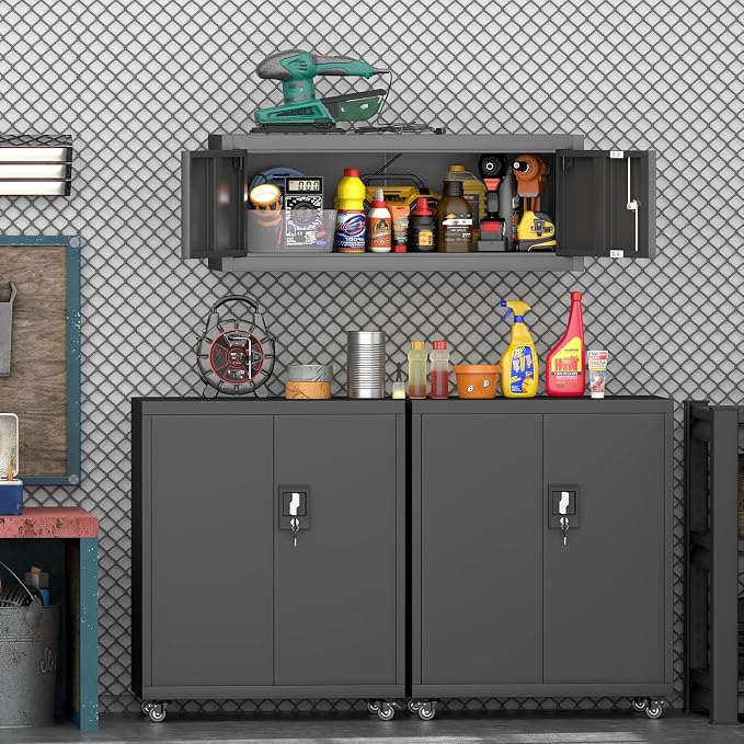 IRONFFICE Metal Garage Wall Cabinets,13" H Garage Storage Cabinet Wall Mounted,Floating Storage Organization with Doors,Locking Hanging Cabinet for RV,Home Office,Warehouse,Black