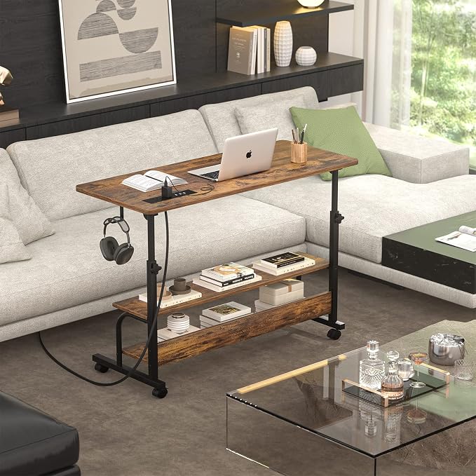 Armocity Rolling Standing Desk with Charging Station, Portable Height Adjustable Mobile Computer Desk with Wheels & 2-Tier Shelves & Hooks, Easy Assembly Laptop Table for Couch Bed, 39" Rustic Brown