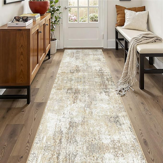 RELEANY Washable Area Rugs 2'x10' Non-Slip Modern Abstract Soft for Living Room Entryway Bedroom Kitchen, Print Pattern, Neutral Brown Gray