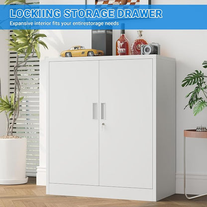BESFUR Metal Storage Cabinet with Lock and 2 Adjustable Shelves, 36" H Lockable Storage Cabinet for Home, Office, Garage, Utility Room and Basement(White)