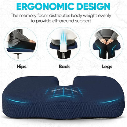 FORTEM Seat Cushion, Office Chair Cushion, Memory Foam Car Seat Cushions, Sciatica Coccyx Tailbone Pain Relief, Chair Cushions for Back Support, Sitting Pad for Gaming, Washable Cover, Non Slip