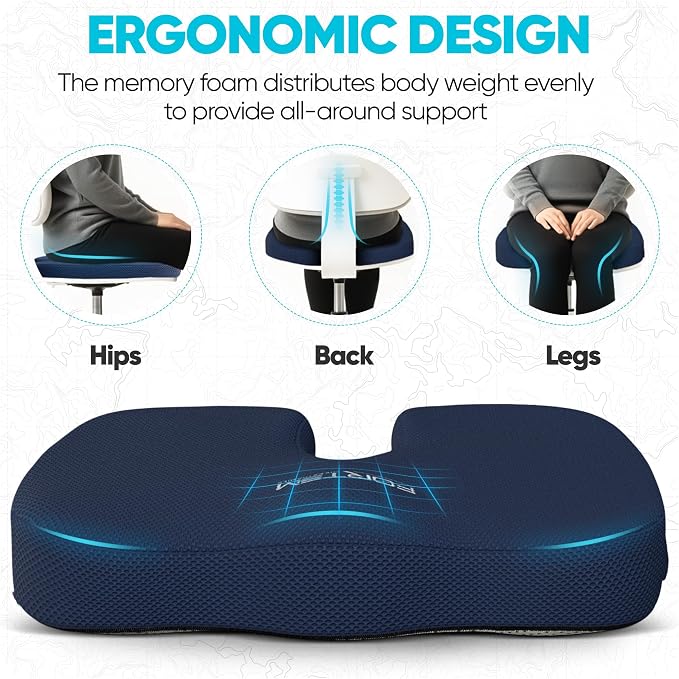 FORTEM Seat Cushion, Office Chair Cushion, Memory Foam Car Seat Cushions, Sciatica Coccyx Tailbone Pain Relief, Chair Cushions for Back Support, Sitting Pad for Gaming, Washable Cover, Non Slip, XL