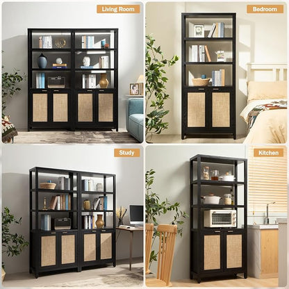 SICOTAS Bookshelf 5 Tier Book Shelf Rattan Boho 71" Tall Bookcase with Doors Storage Shelves Large Bookshelves Farmhouse Bookcases Library Book Case for Living Room Bedroom Home Office Kitchen