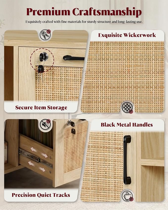 HOPUBUY 2 Drawer File Cabinet with Lock, Large Rattan Filing Cabinets with Door & Open Shelves,Wide Wood Rolling Office Storage Cabinet on Wheels for Home, Natural
