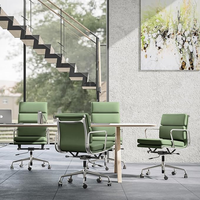 Genuine Leather Office Chair, Padded Mid Back Ergonomic Executive Desk Chair with Aluminum Arm Rest and Base, Swivel Wheels with Lumbar Support & Tilting Function, Hight Adjustable, Light Green