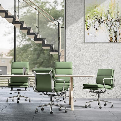 Genuine Leather Office Chair, Padded Mid Back Ergonomic Executive Desk Chair with Aluminum Arm Rest and Base, Swivel Wheels with Lumbar Support & Tilting Function, Hight Adjustable, Light Green