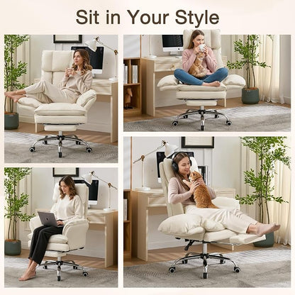 Cloud Cross Legged Office Chair with Footrest,Leather Big and Tall Executive Ergonomic Chair, Flip Armrests for Pets,155° Reclining Computer Wide Desk Chair for Home,Office (Beige)