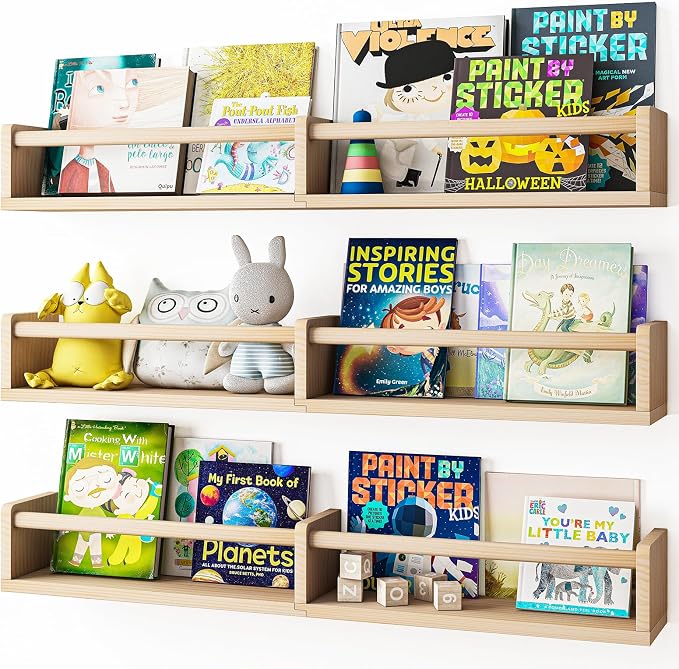Fixwal Nursery Bookshelves, 32in Floating Bookshelves for Wall Set of 3, Wood Wall Mounted Floating Shelves for Baby Nursery Decor and Toys Storage (Natural Wood)
