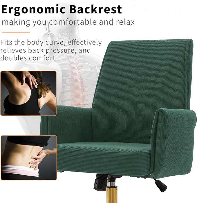 YITAI Stripes Velvet 360°Swivel Desk Chair, Modern Height Adjustable Home Office Armchair with Gold Base and Wheels for Vanity, Comfy Computer Chair for Study Living Room Bedroom（Green）
