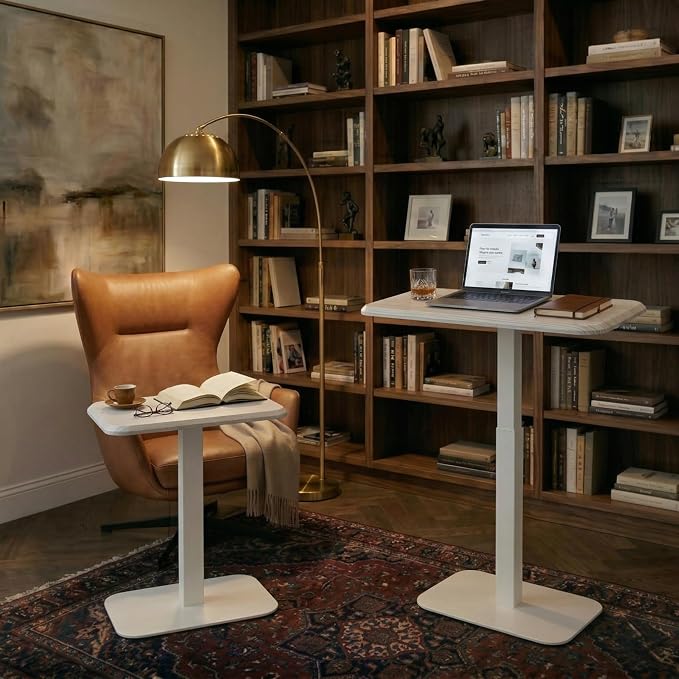 Elevance Height Adjustable Side Table, White Base, Washed Oak Top | Sofa Laptop Table for Couch & Bed | Small C-Shape End Table for Home or Office