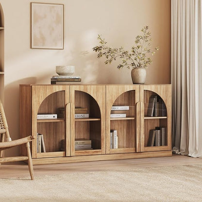 BELLEZE 64" Kitchen Storage Cabinet with Adjustable Shelves, Freestanding Accent Cabinet with Arched Glass Doors for Living Room, Dining Room, Entryway, Camel