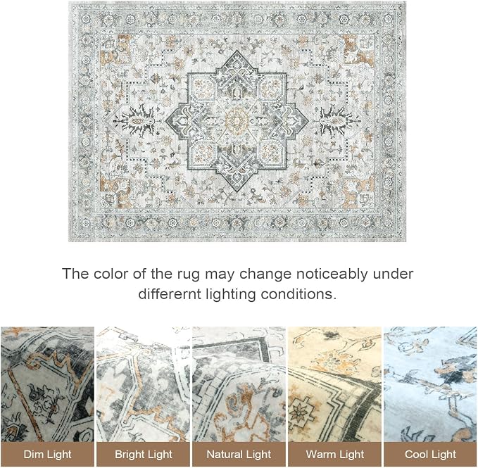 Lofus 8x10 Washable Rugs Non-Slip, Vintage Floral Area Rug for Living Room Bedroom Dining Room Kitchen, Low Pile Distress Print Carpet Home Decor Rug, Octagram Medallion Grey Beige