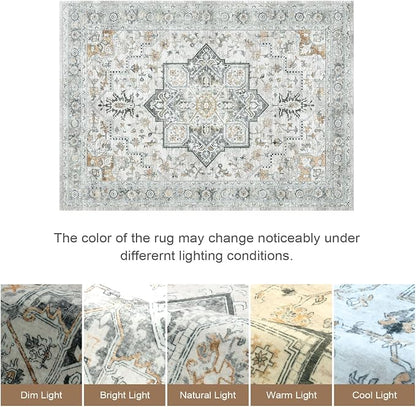 Lofus 8x10 Washable Rugs Non-Slip, Vintage Floral Area Rug for Living Room Bedroom Dining Room Kitchen, Low Pile Distress Print Carpet Home Decor Rug, Octagram Medallion Grey Beige