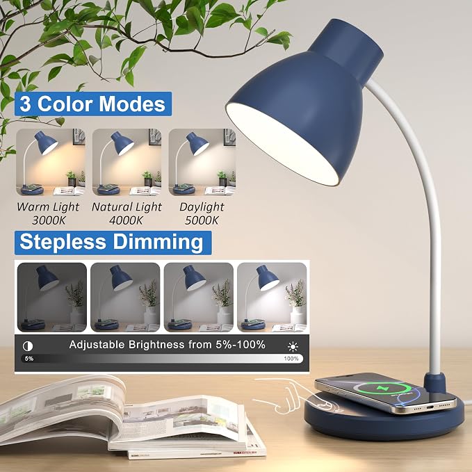 Desk Lamp for Home Office - LED Desk Lamp with Wireless Charger, 3 Color Modes Dimmable Eye-Caring Study Reading Desk Light, Small Flexible Arm Table Lamp for College Dorm Room, Navy Blue