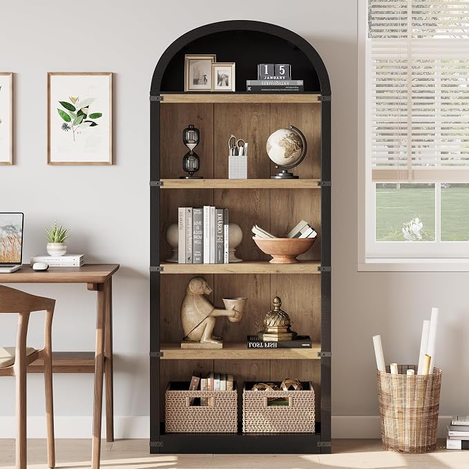 GarveeHome Bookcase 5 Shelf Arched Bookshelf 71.65in Tall Bookcase Farmhouse Display Storage Rack Wooden Bookshelves for Home Office, Living Room (Black/Natural)