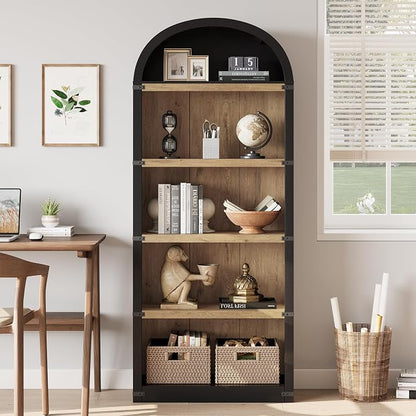 GarveeHome Bookcase 5 Shelf Arched Bookshelf 71.65in Tall Bookcase Farmhouse Display Storage Rack Wooden Bookshelves for Home Office, Living Room (Black/Natural)