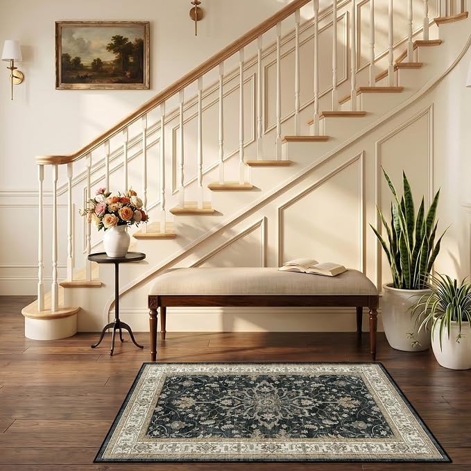 RELEANY Area Rugs Small 2'6"x4' Washable Non-Slip, Floral Vintage Distress Medallion Carpet for Kitchen Entryway Bathroom, Vintage Black Brown Neutral