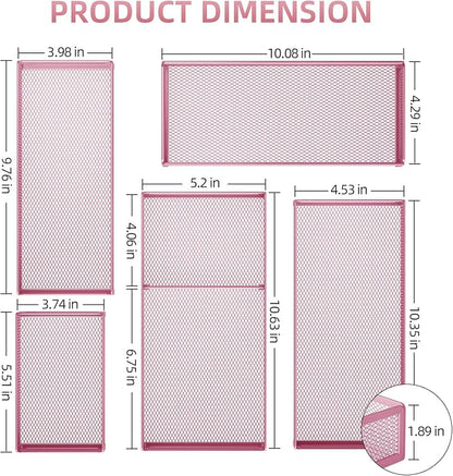 Marbrasse 5 Pack Desk Drawer Organizer Set, Mesh Drawer Storage Trays with 1 Adjustable Divider, Desk Organizers and Accessories, 5 PCS Drawer for Office Supplies, Makeup & Vanity (Pink)