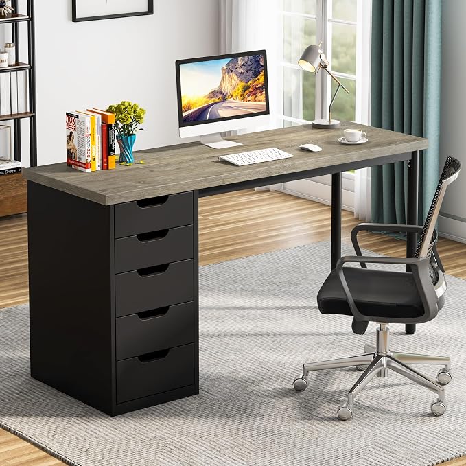 Tribesigns Computer Desk with 5 Drawers, 47 inches Rustic Brown Home Office Desk with Storage, Modern Simple Laptop Desk Study Writing Table for Small Spaces (1, Grey+Black)
