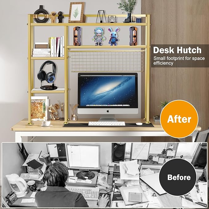 Desk Shelf with Grid Panel, 37.5" Desktop Hutch Organizer, 4-Tier Desk Bookshelf for Computer Desk, Metal & Wood Desktop Storage Rack for Home Office, Dorm, Study Desk, Gold
