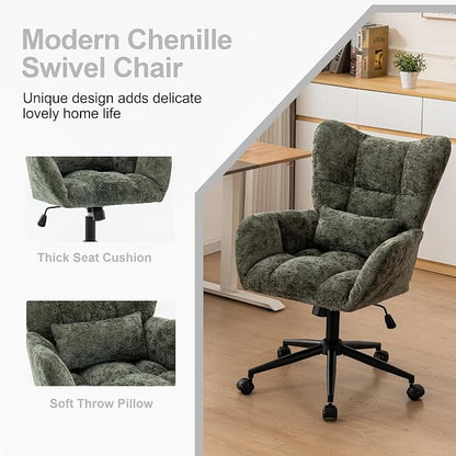 Home Office Desk Chair, Modern Tufted Chenille Vanity Chair, Adjustable Upholstered Swivel Computer Chairs for Bedroom, Living Room，Green