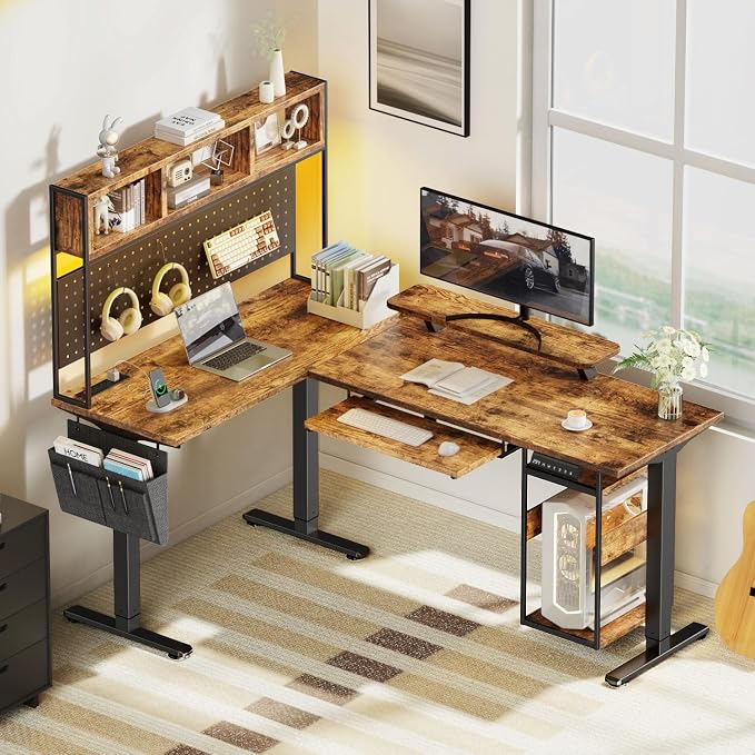 Flycity Electric L Shaped Standing Desk Adjustable Height, 67" x 47" Corner Computer Desk with Host Shelf, Gaming Desk with LED Lights & Power Outlet, Dual Motor Home Office Desk with Storage, Brown