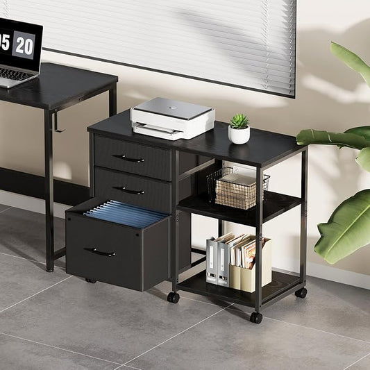 Maihail 3 Drawer File Cabinet with Wheels Rolling Printer Stand with Open Storage Shelf Fabric Lateral Filing Cabinet for Home Office,Black