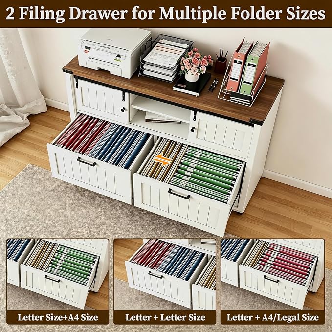 Lateral File Cabinet with Charging Station, Farmhouse Sliding Barn Doors & 2 Drawers, Antique White Printer Stand for Letter/A4/FC Hanging Folders