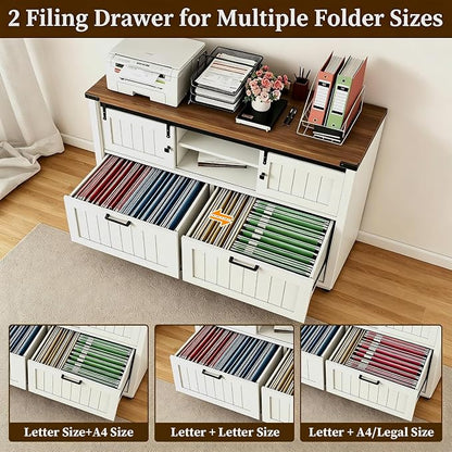 Lateral File Cabinet with Charging Station, Farmhouse Sliding Barn Doors & 2 Drawers, Antique White Printer Stand for Letter/A4/FC Hanging Folders