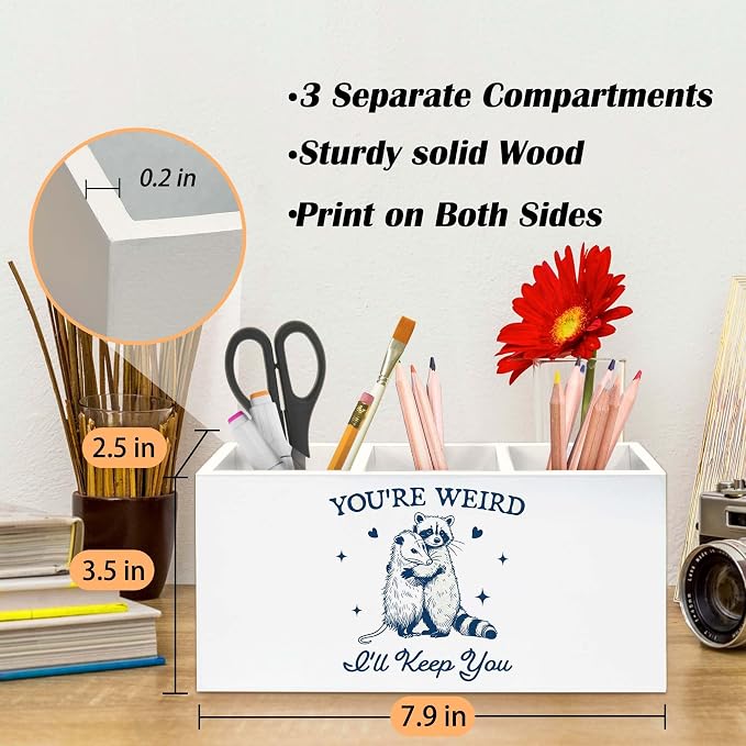 Funny Raccoon Opossum Pen Holder for Desk, Raccoon Opossum Gifts Pencil Organizer, You're Weird I'll Keep You Wild Animals Wooden Pen Holder Desk Accessories Decor for Home Office