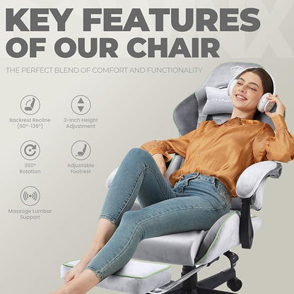 Dowinx Gaming Chair Fabric with Pocket Spring Cushion, Massage Game Chair Cloth with Headrest, Ergonomic Computer Chair with Footrest 290LBS, Light Grey