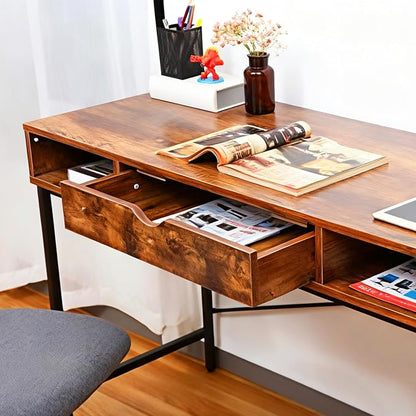 JJS 48' Writing Desk with Power Outlet, Home Office Contemporary Large Computer Desk Laptop Workstation with Drawer USB Ports Charging Station, Rustic Brown