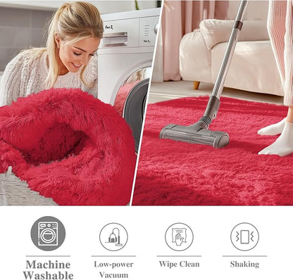 OLANLY Red Round Rugs for Bedroom - Machine Washable, 9 ft Circle Area Rugs for Living Room, Soft and Fluffy Shaggy Carpet for Teen Girls and Boys, Nursery Rooms, Dorms, Home Decor Aesthetic
