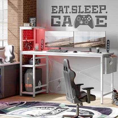 Bestier Gaming Desk with Power Outlets, 61 Inch Large Led Gamer Desk with 4 Tiers Reversible Shelves, PC Gaming Table with Headset Hook & Side Storage Bag for Bedroom (White 3D Carbon Fiber)