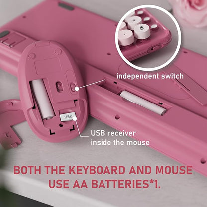 Wireless Keyboard and Mouse, Colorful 104-Key QWERTY with Round Keys, Phone Holder, Wrist Rest, Power Buttons, 2.4GHz USB for PC Laptop (Rose Red Gradient)