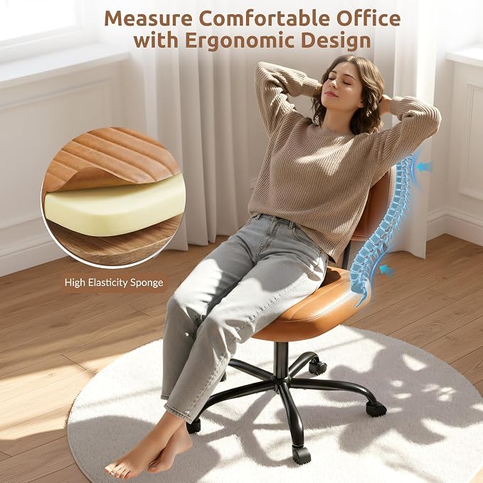 Swivel Rolling Office Chair, Armless Pu Leather Vanity Chair with Back Lumbar Support Height Adjustable Computer Chair, Small Desk Chair for Home Office, Brown