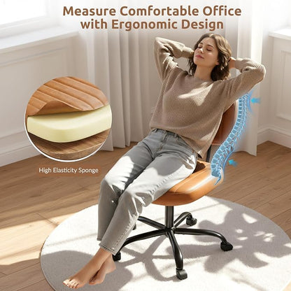 Swivel Rolling Office Chair, Armless Pu Leather Vanity Chair with Back Lumbar Support Height Adjustable Computer Chair, Small Desk Chair for Home Office, Brown