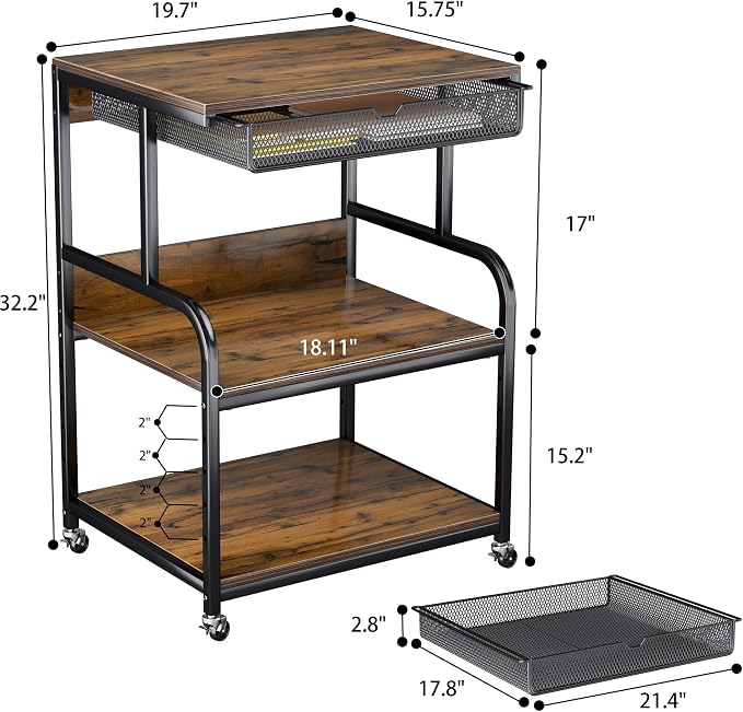 Large Printer Stand with Storage Shelf, Industrial Rolling Printer Cart Holder with Lockable Wheels, 5-Adjustable Heights, 3D Scanner Fax Printer Table for Home Office Use