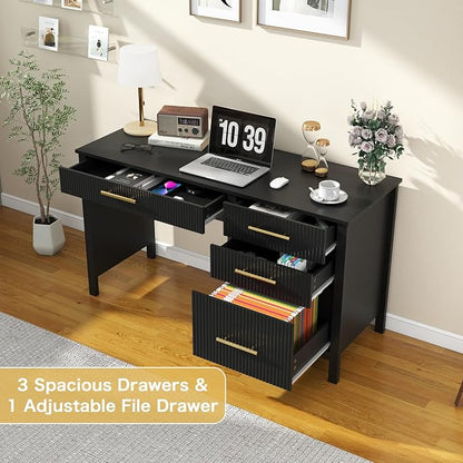 Modern Executive Desk with Drawers: 54 Inch Black Home Office Desks with File Drawer, Wood Fluted Desk with Storage, Writing Computer Desks with 4 Drawers